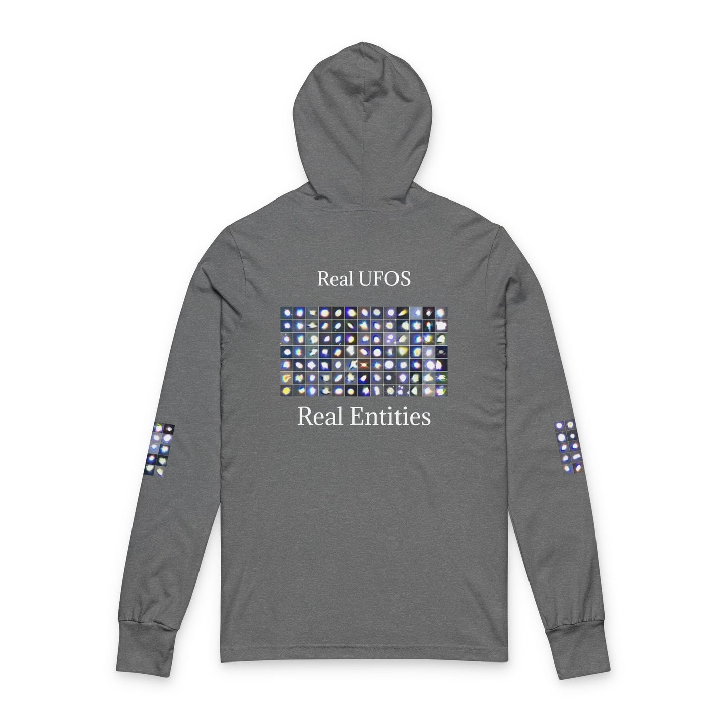 Light Beings- UFO Inspired Unisex Hooded Long Sleeve Tee, Artistic Graphic Tee, Casual Streetwear, Aesthetic Fashion, Fall Layering Item