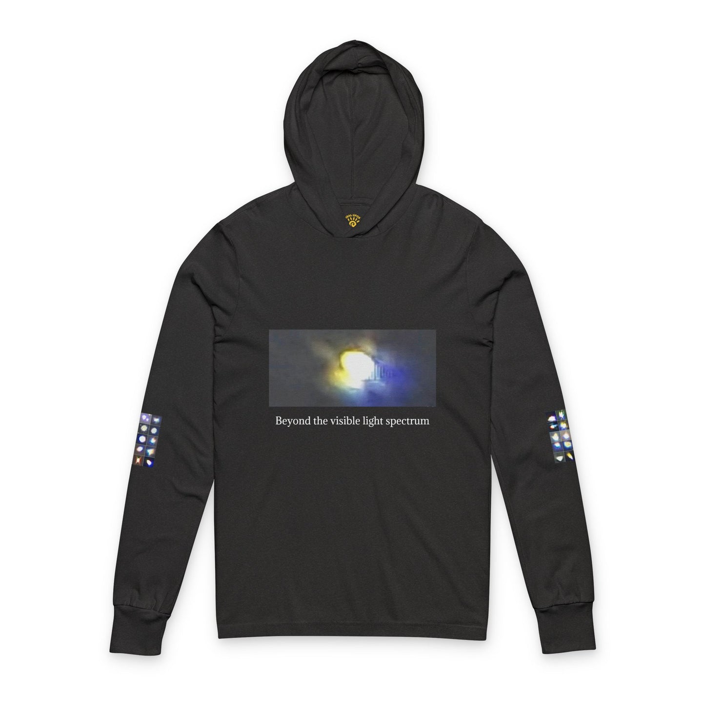 Light Beings- UFO Inspired Unisex Hooded Long Sleeve Tee, Artistic Graphic Tee, Casual Streetwear, Aesthetic Fashion, Fall Layering Item