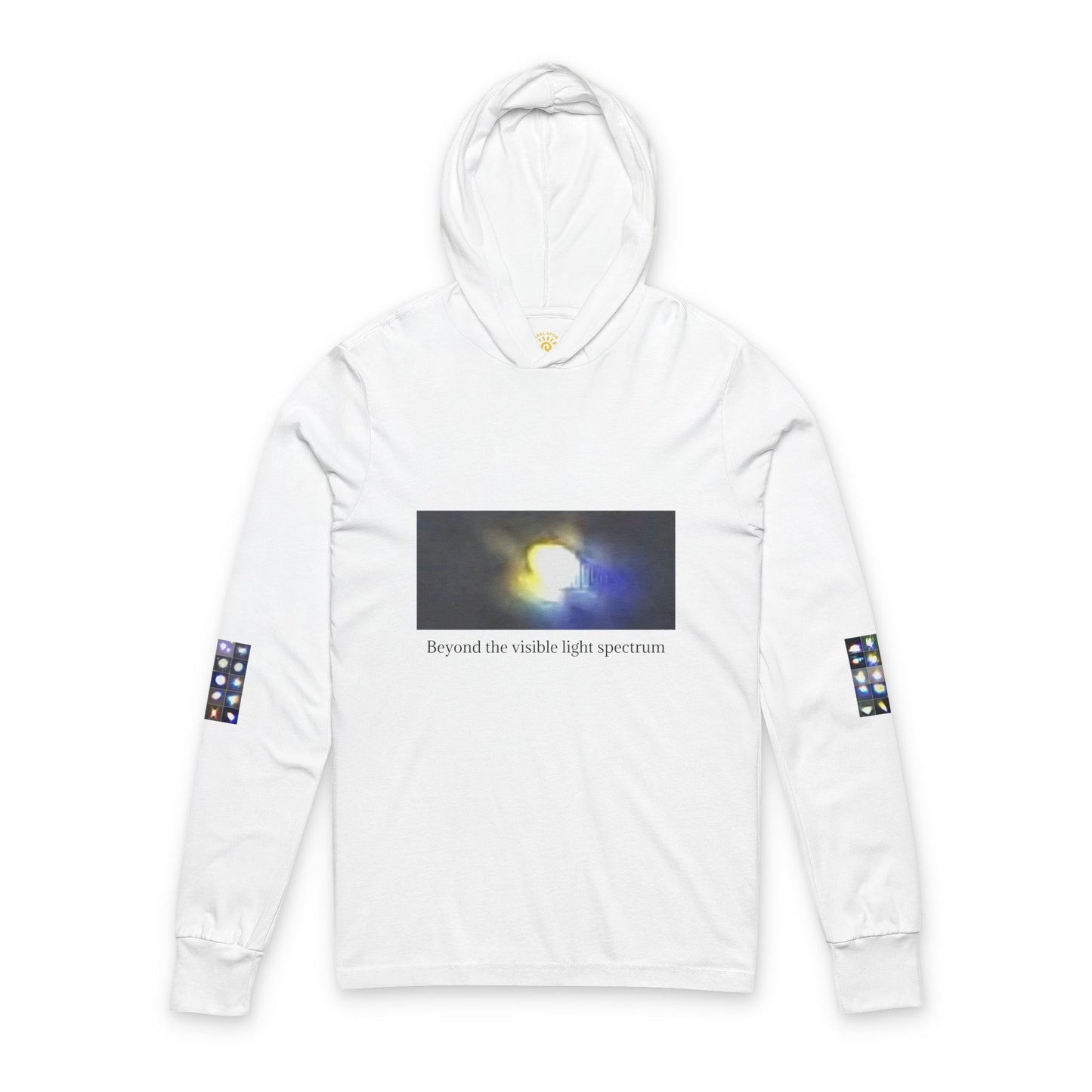 Light Beings- UFO Inspired Unisex Hooded Long Sleeve Tee, Artistic Graphic Tee, Casual Streetwear, Aesthetic Fashion, Fall Layering Item