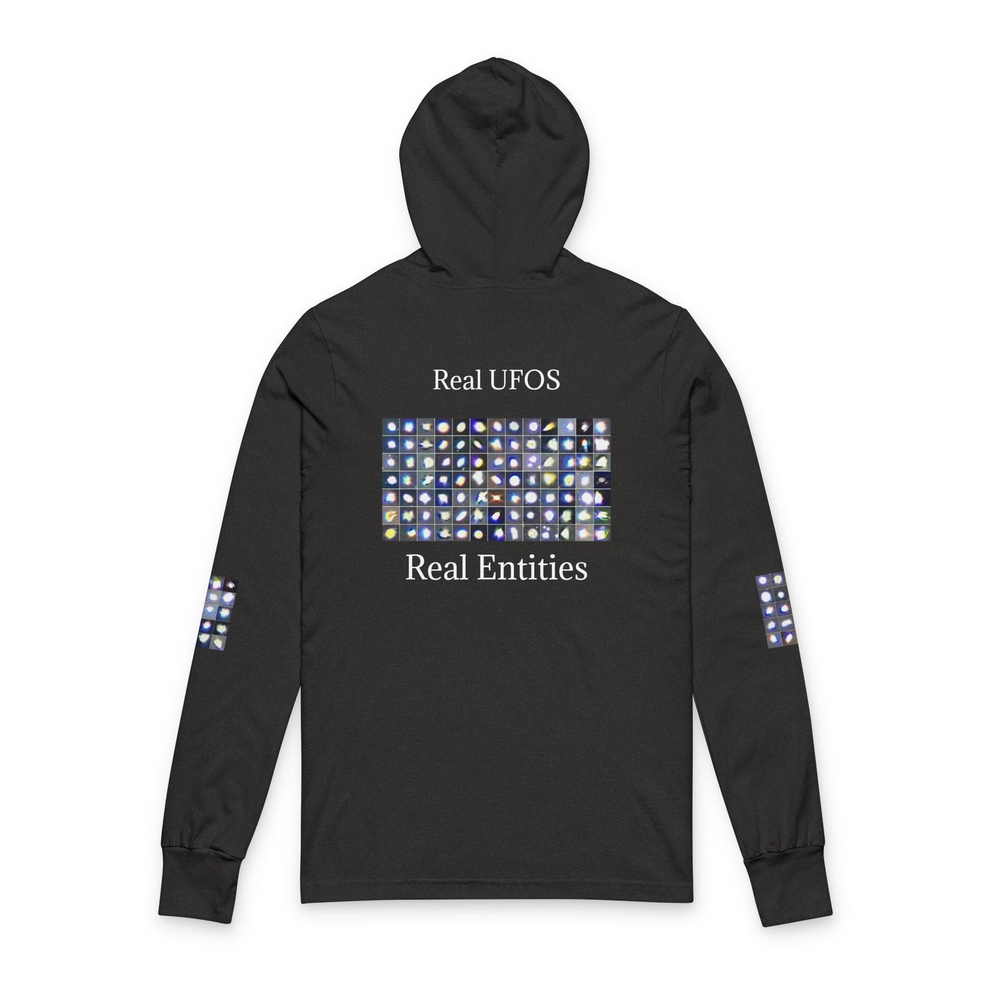 Light Beings- UFO Inspired Unisex Hooded Long Sleeve Tee, Artistic Graphic Tee, Casual Streetwear, Aesthetic Fashion, Fall Layering Item