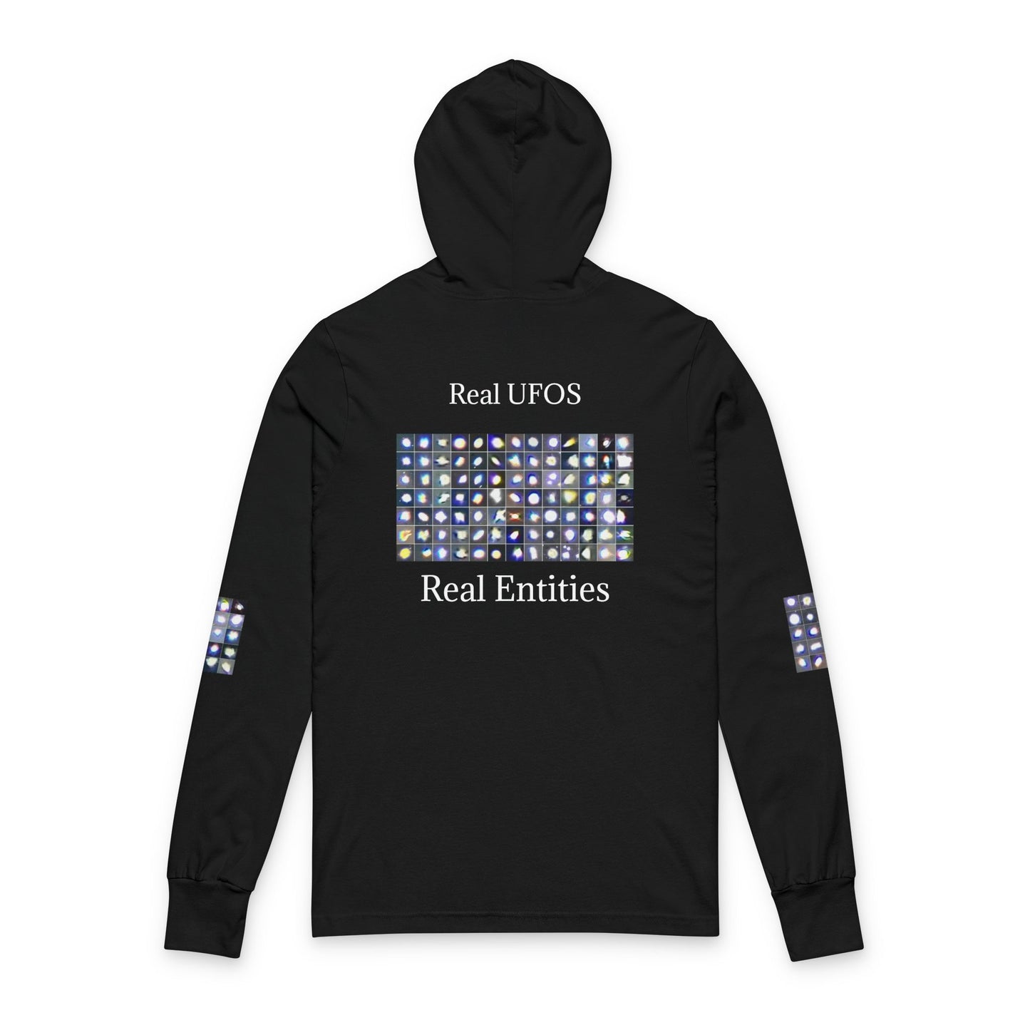 Light Beings- UFO Inspired Unisex Hooded Long Sleeve Tee, Artistic Graphic Tee, Casual Streetwear, Aesthetic Fashion, Fall Layering Item