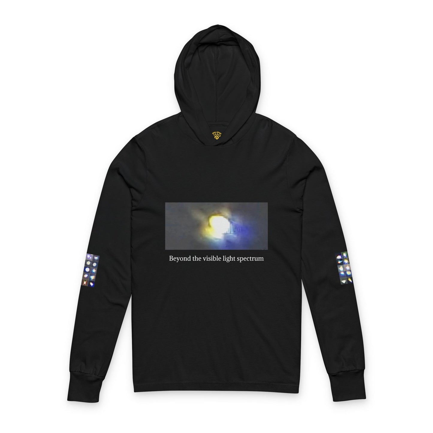 Light Beings- UFO Inspired Unisex Hooded Long Sleeve Tee, Artistic Graphic Tee, Casual Streetwear, Aesthetic Fashion, Fall Layering Item