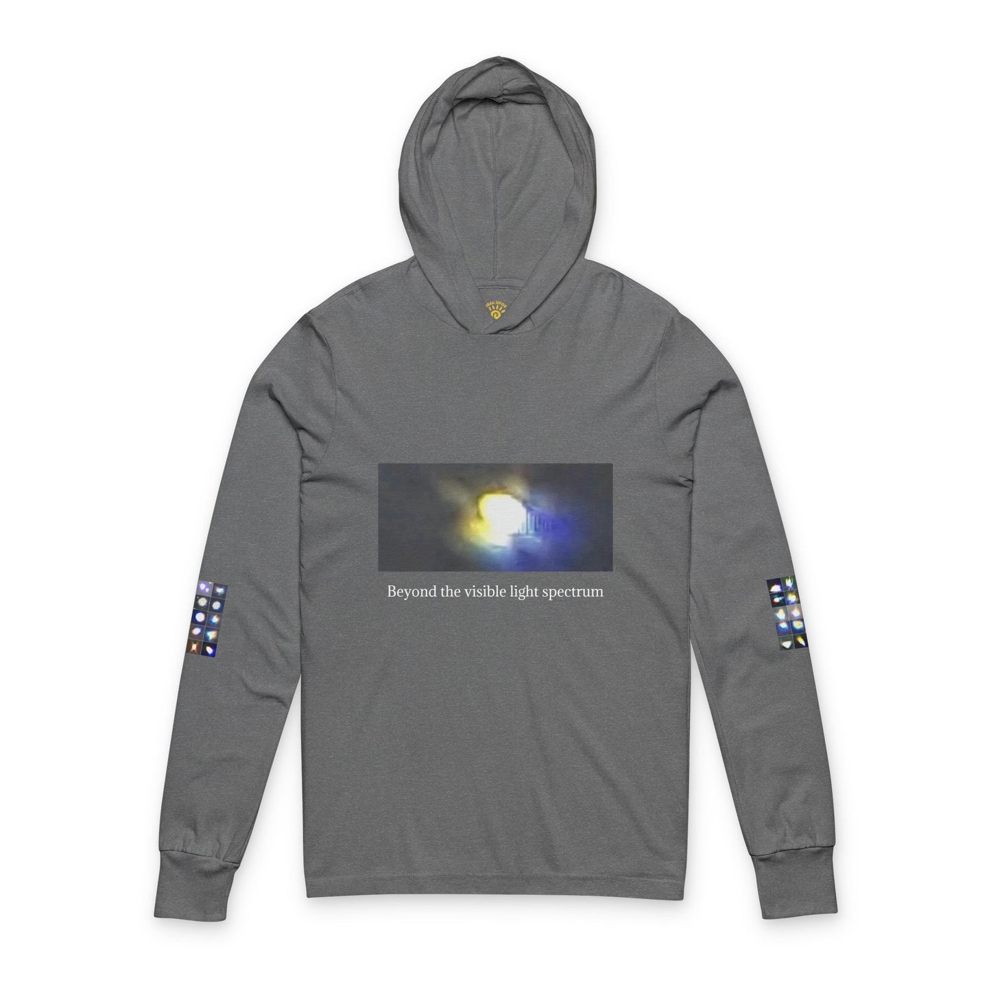 Light Beings- UFO Inspired Unisex Hooded Long Sleeve Tee, Artistic Graphic Tee, Casual Streetwear, Aesthetic Fashion, Fall Layering Item
