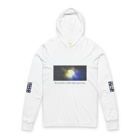 Light Beings- UFO Inspired Unisex Hooded Long Sleeve Tee, Artistic Graphic Tee, Casual Streetwear, Aesthetic Fashion, Fall Layering Item